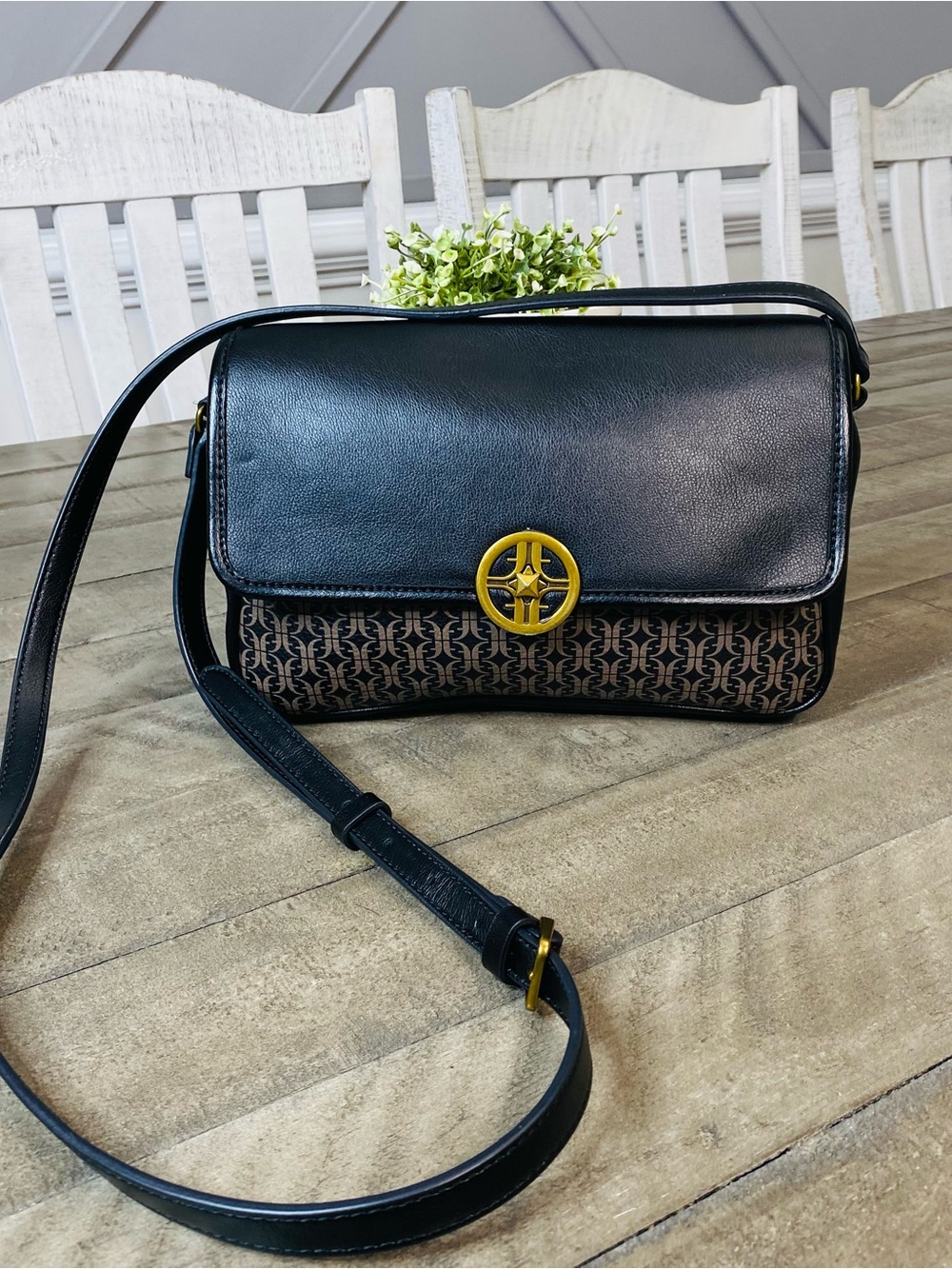 Fossil Jasmine Flap Crossbody Bag Black Monogram Print Gold Hardware Purse